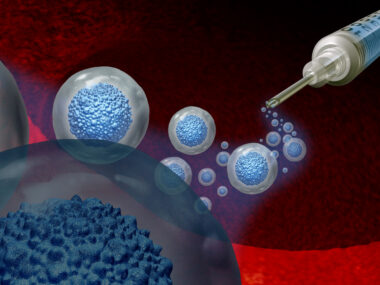 A 3D illustration of stem cell transplant show cells coming out of a syringe against a red backdrop.