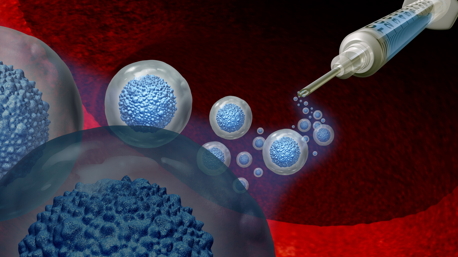 A 3D illustration of stem cell transplant show cells coming out of a syringe against a red backdrop.