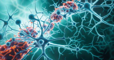 A 3D image shows neurons and microglia.