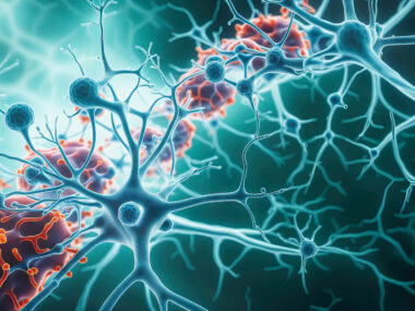 A 3D image shows neurons and microglia.