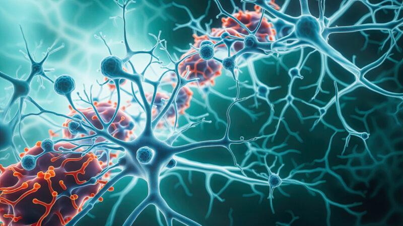 A 3D image shows neurons and microglia.