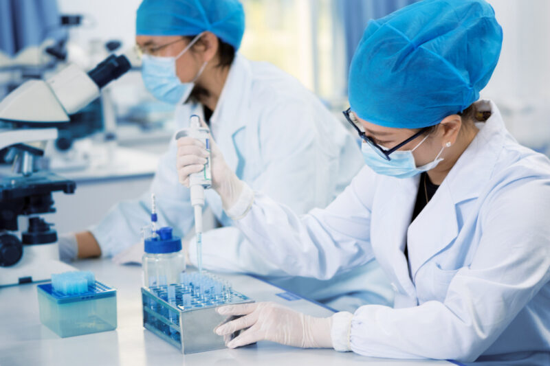 Scientists work on specimens in a laboratory.