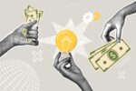 A hand holds up a light bulb, flanked by two other hands gripping money.