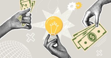 A hand holds up a lightbulb, flanked by two other hands gripping money.