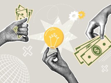A hand holds up a lightbulb, flanked by two other hands gripping money.