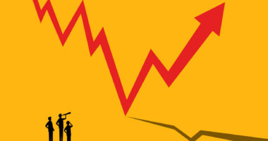 Illustration of a red zigzag arrow rising on a yellow background as three people look toward the trend line.