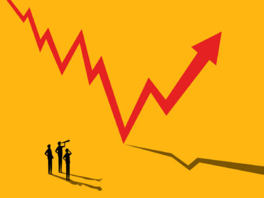 Illustration of a red zigzag arrow rising on a yellow background as three people look toward the trend line.