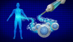 Illustration of a syringe with giant cells coming out of it and going into an image of a human body.
