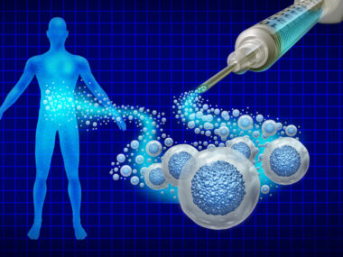 Illustration of a syringe with giant cells coming out of it and going into an image of a human body.