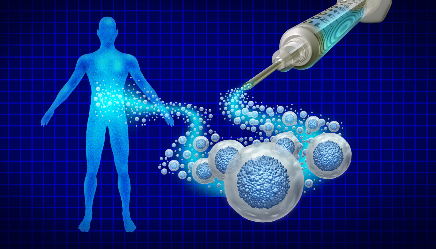 Illustration of a syringe with giant cells coming out of it and going into an image of a human body.