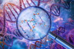 DNA strands surrounding a magnifying glass focused on a molecular model.