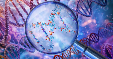 DNA strands surrounding a magnifying glass focused on a molecular model.