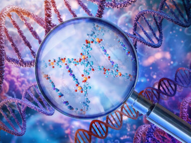 DNA strands surrounding a magnifying glass focused on a molecular model.