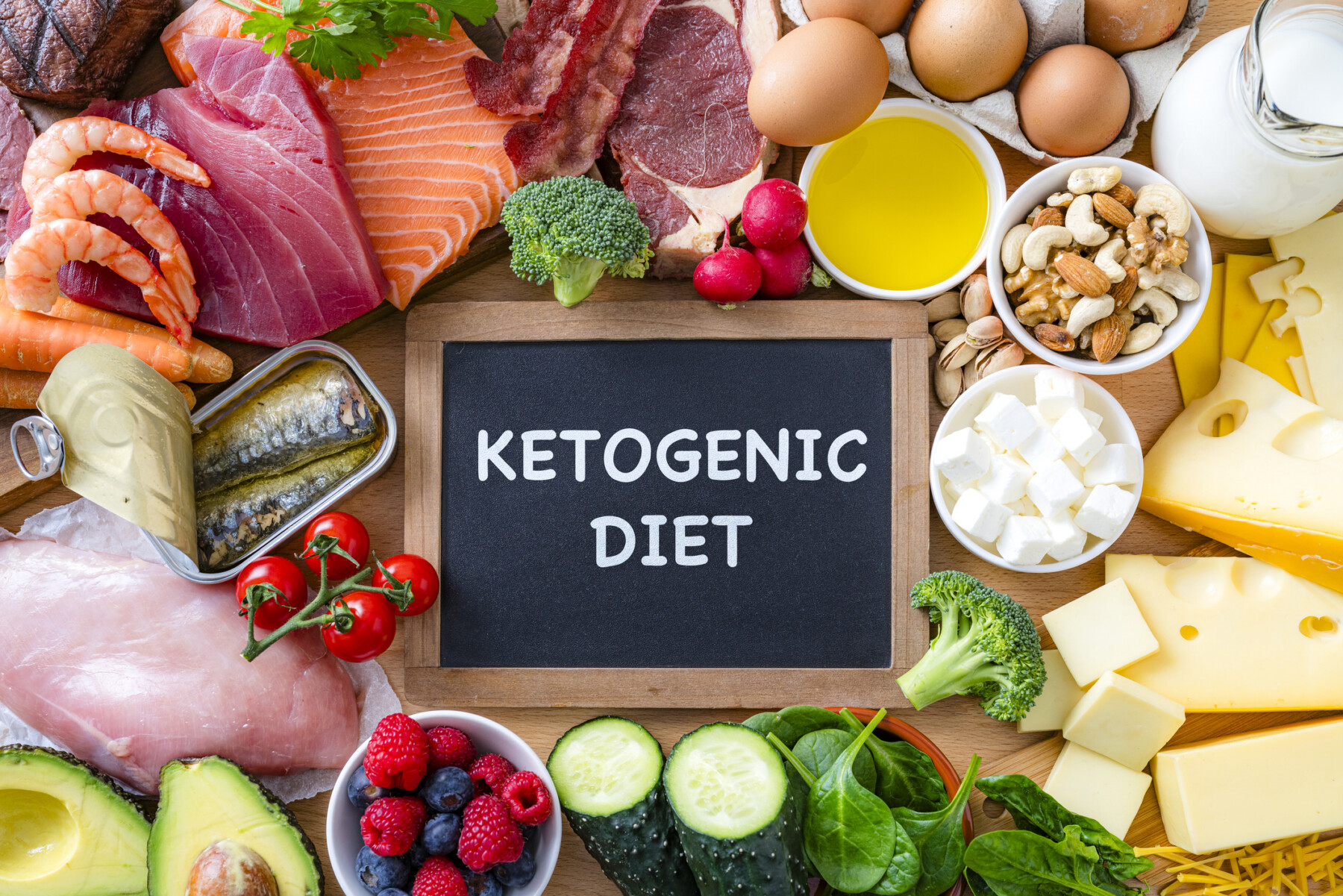 A photo shows salmon, tuna, and other ingredients of a ketogenic diet.