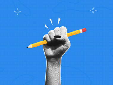 Illustration of a raised hand holding a pencil against a blue background.