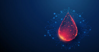 An image shows a drop of blood against a background of electronic circuit lines.
