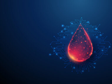 An image shows a drop of blood against a background of electronic circuit lines.
