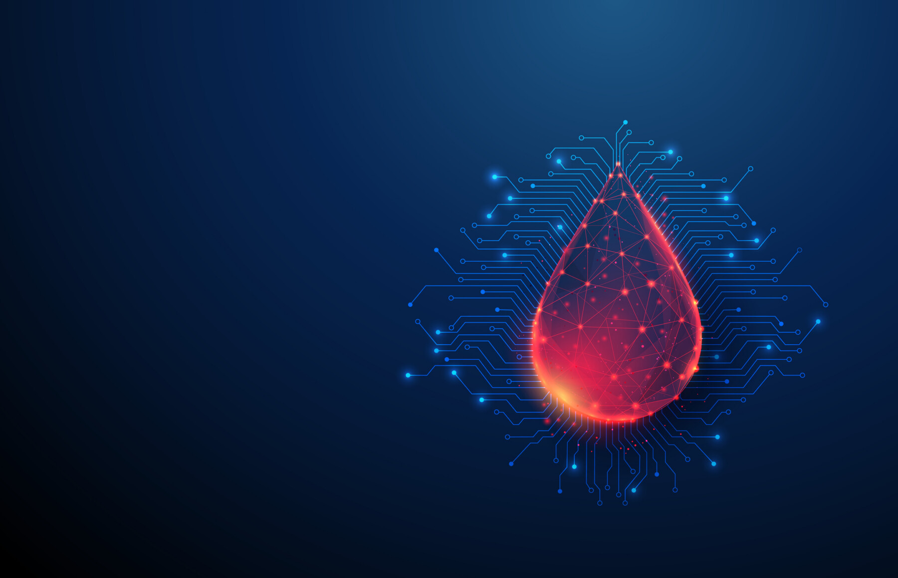 An image shows a drop of blood against a background of electronic circuit lines.