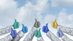 In this illustration, hands in a variety of pastel colors give a thumbs-up against the backdrop of a cloud-filled sky.