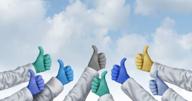 In this illustration, hands in a variety of pastel colors give a thumbs-up against the backdrop of a cloud-filled sky.