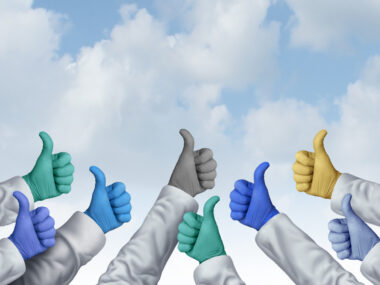In this illustration, hands in a variety of pastel colors give a thumbs-up against the backdrop of a cloud-filled sky.