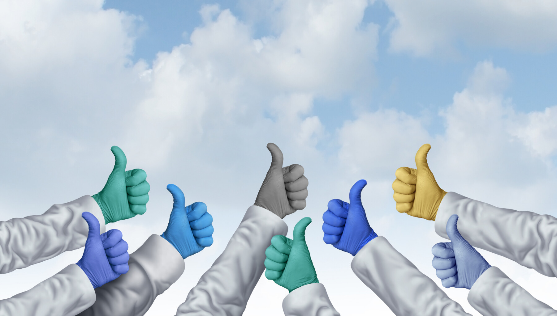 In this illustration, hands in a variety of pastel colors give a thumbs-up against the backdrop of a cloud-filled sky.