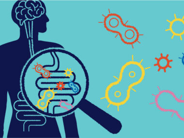 An image shows a magnifying glass superimposed over a person's digestive system.