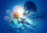 Illustration shows viruses floating above pills spilling out of a bottle.