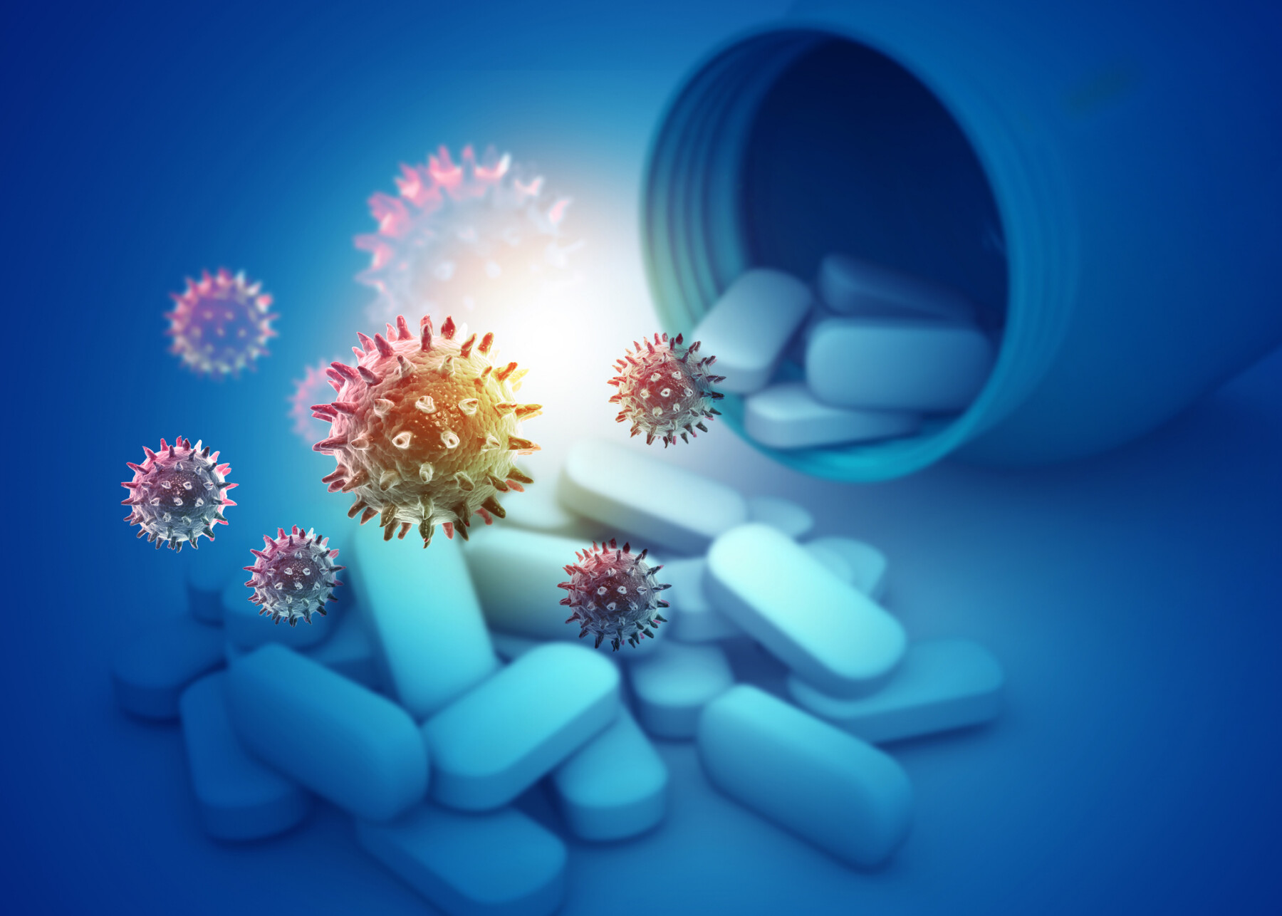 Illustration shows viruses floating above pills spilling out of a bottle.