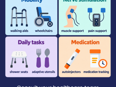 Infographic shows assistive devices for MS to help with mobility, nerve stimulation, daily tasks, and medication.