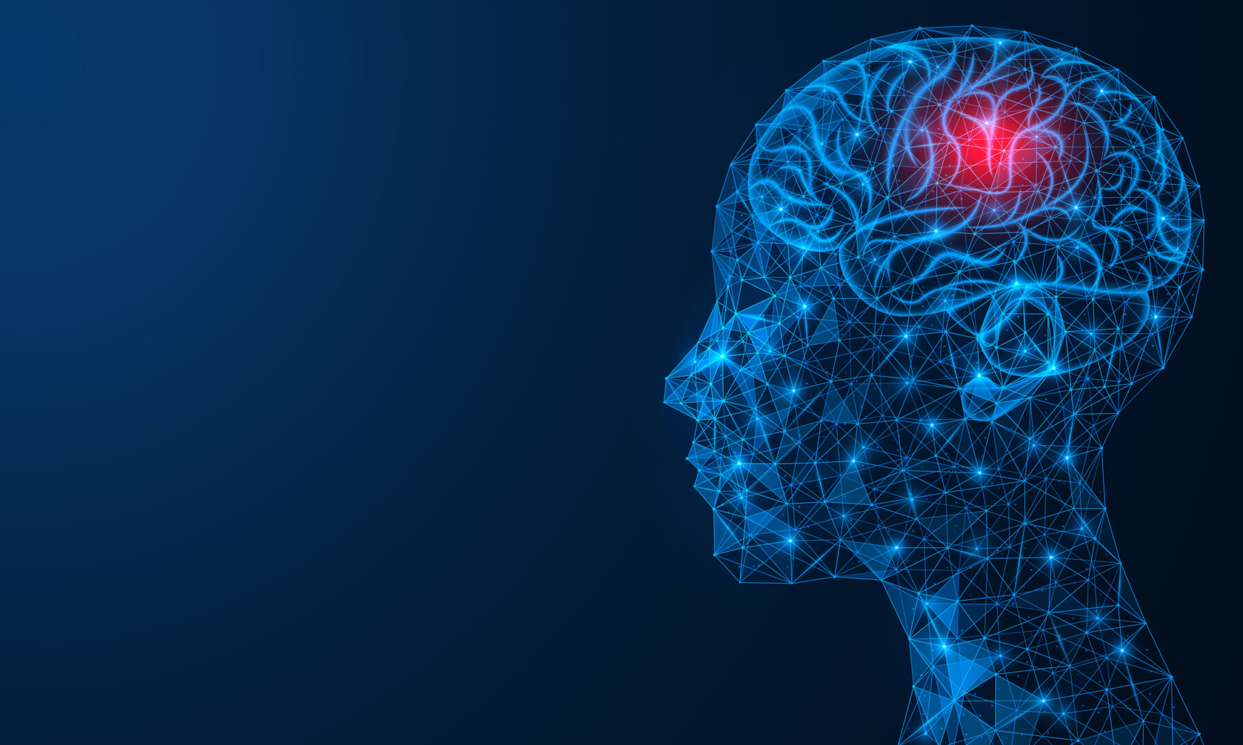 A red spot is seen in a brain within a human head constructed of blue lines and bright dots.