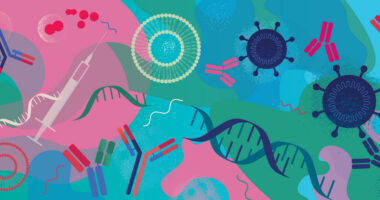 Colorful medical illustration featuring DNA strands, antibodies, virus-like particles, and a syringe against a pink, blue, and green background.