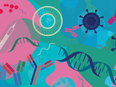 Colorful medical illustration featuring DNA strands, antibodies, virus-like particles, and a syringe against a pink, blue, and green background.