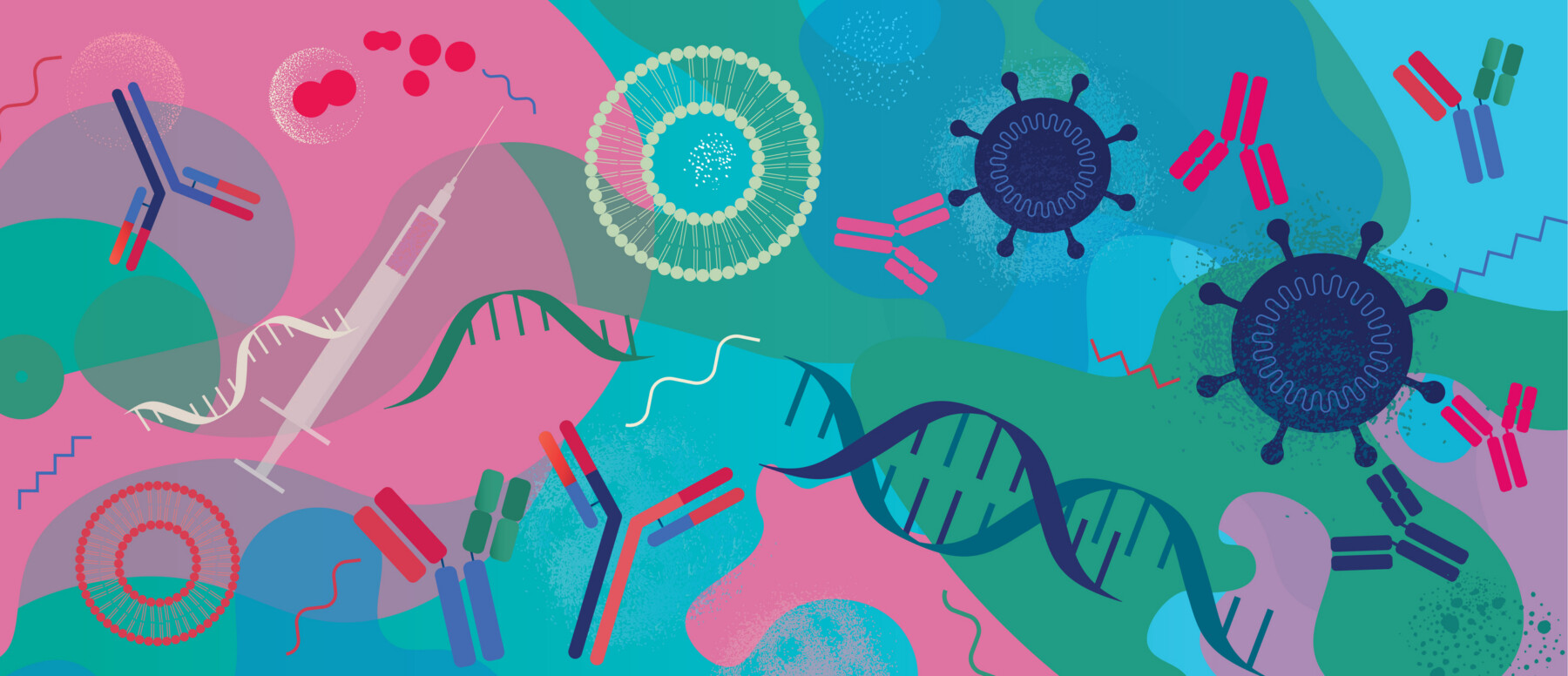 Colorful medical illustration featuring DNA strands, antibodies, virus-like particles, and a syringe against a pink, blue, and green background.