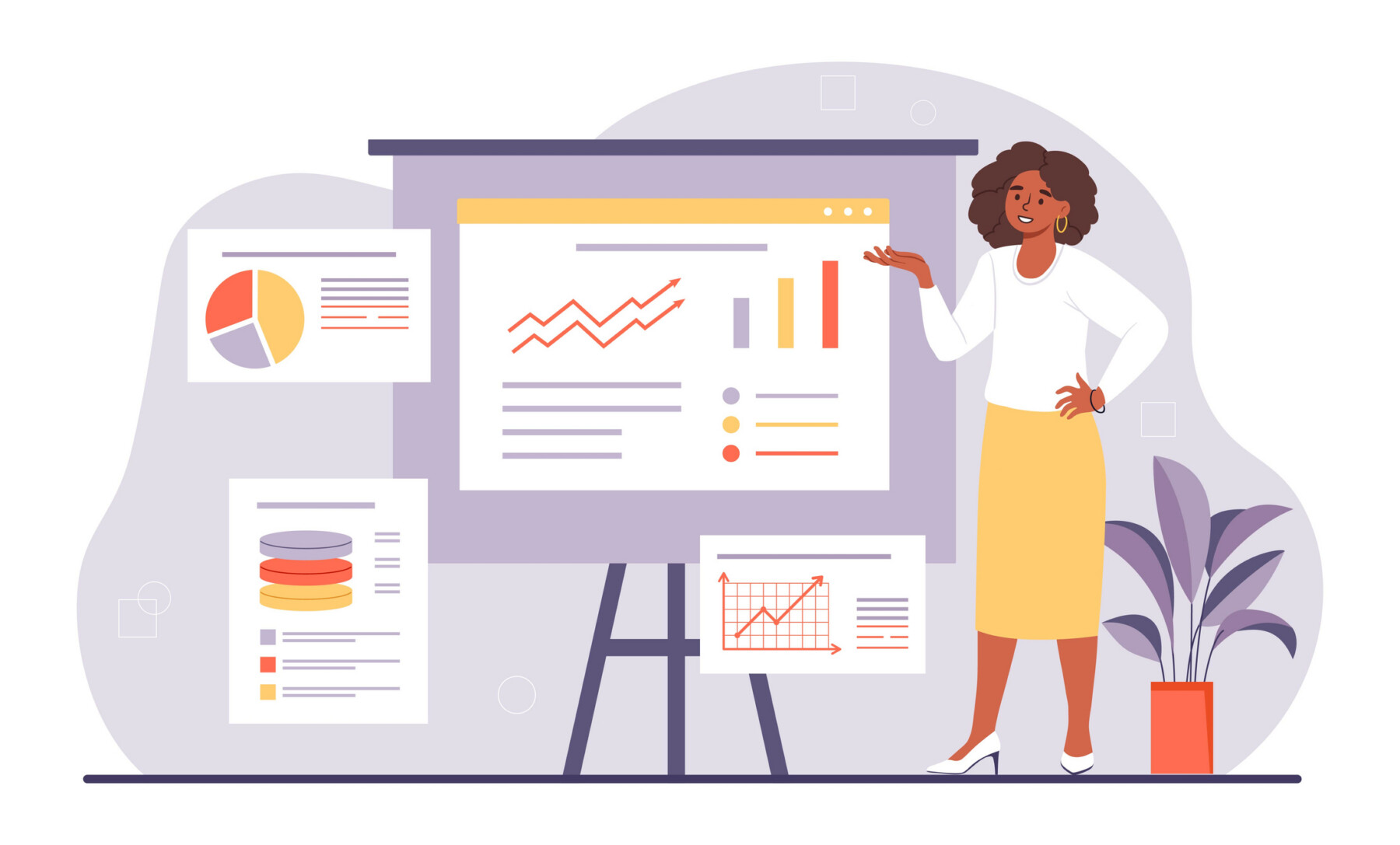 A woman stands at an easel showing charts and graphs.