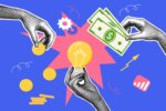 A hand holds up a light bulb in front of a large star as two other hands reach toward it, one offering a coin and the other dollar bills.