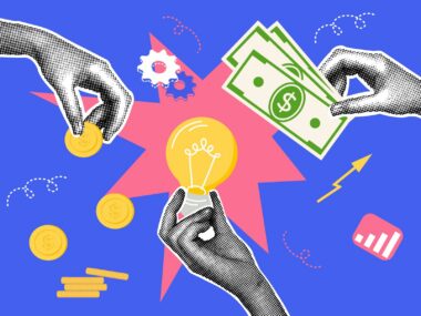 A hand holds up a light bulb in front of a large star as two other hands reach toward it, one offering a coin and the other dollar bills.