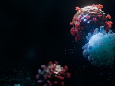 A high-resolution 3D scientific illustration depicts a CAR-T cell recognizing and attacking a cancer cell.