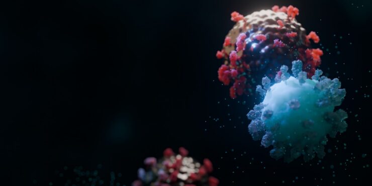 A high-resolution 3D scientific illustration depicts a CAR-T cell recognizing and attacking a cancer cell.