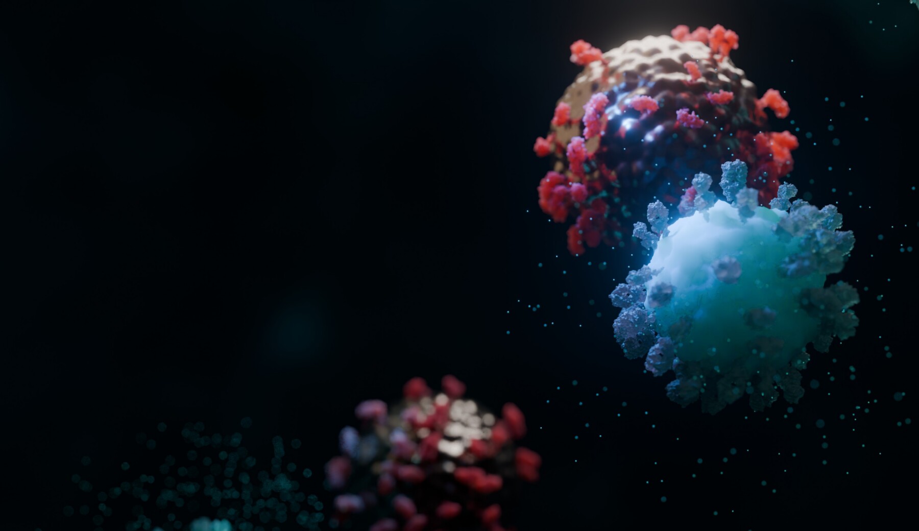 A high-resolution 3D scientific illustration depicts a CAR-T cell recognizing and attacking a cancer cell.