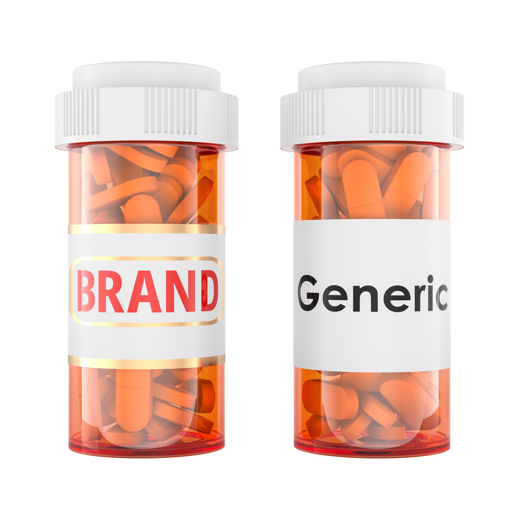 Two prescription bottles labeled “Brand” and “Generic,” each filled with orange capsules.