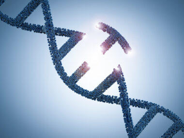 Illustration of a blue DNA double helix with several pink segments against a light blue background.