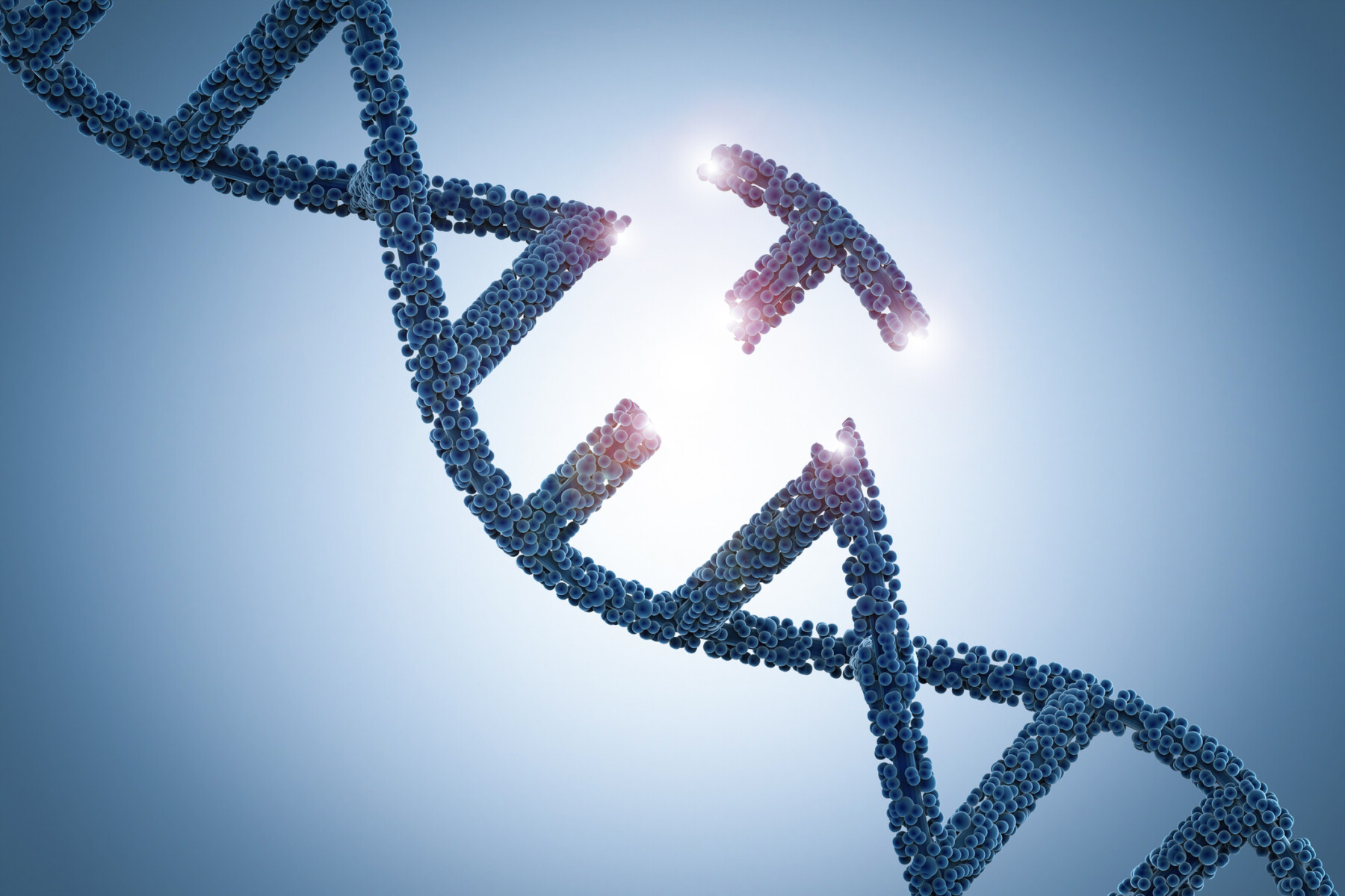 Illustration of a blue DNA double helix with several pink segments against a light blue background.